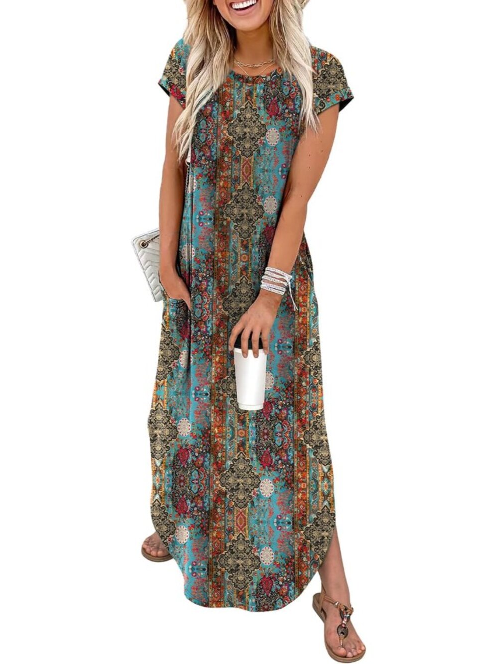 Summer Dresses Cap Sleeve Crewneck Maxi Long Casual Dress with Pockets Beach Vac
